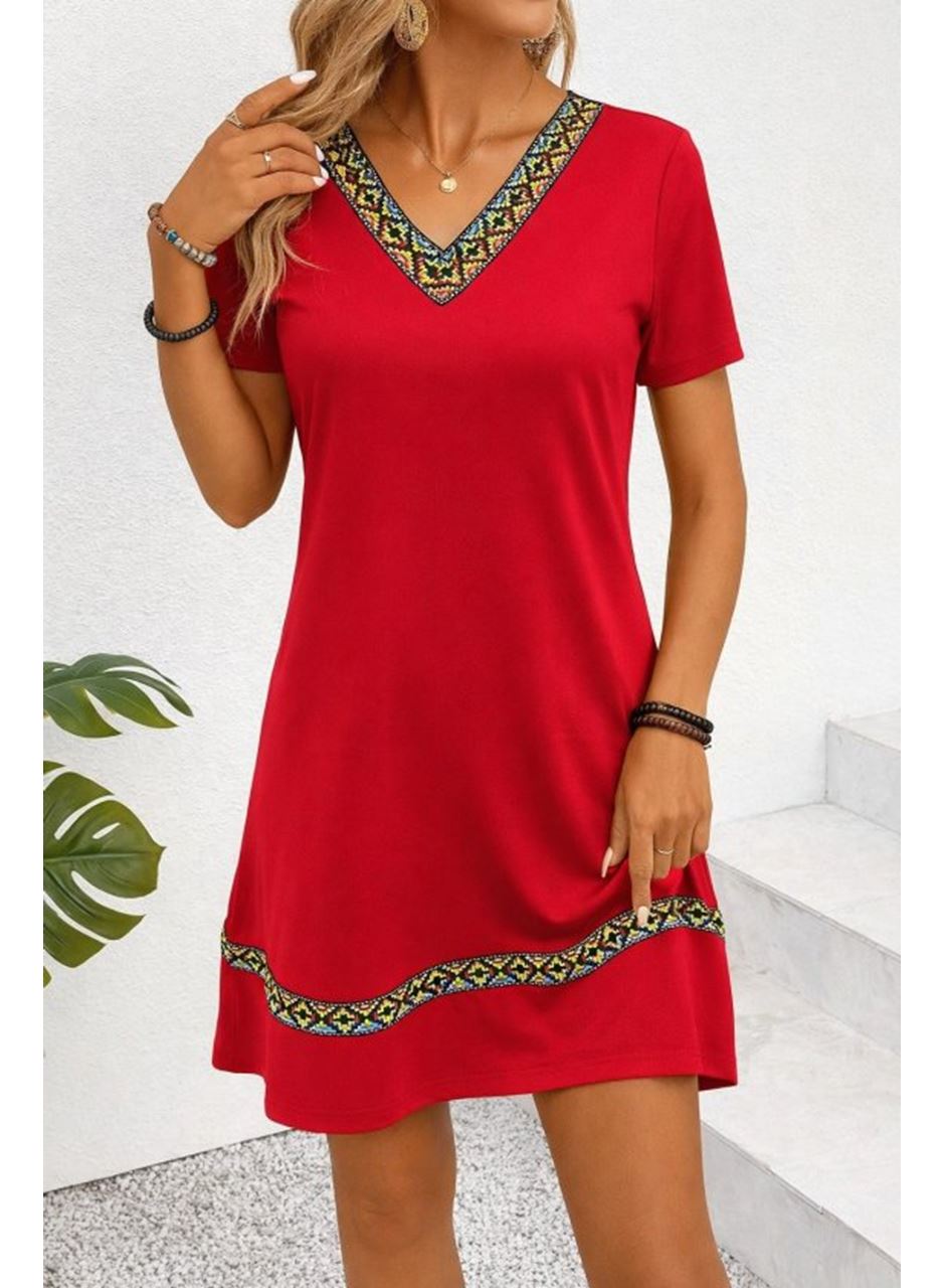 Kadın Kısa Kollu V Yakalı Etnik Desen şerit Detaylı Viskon Elbise