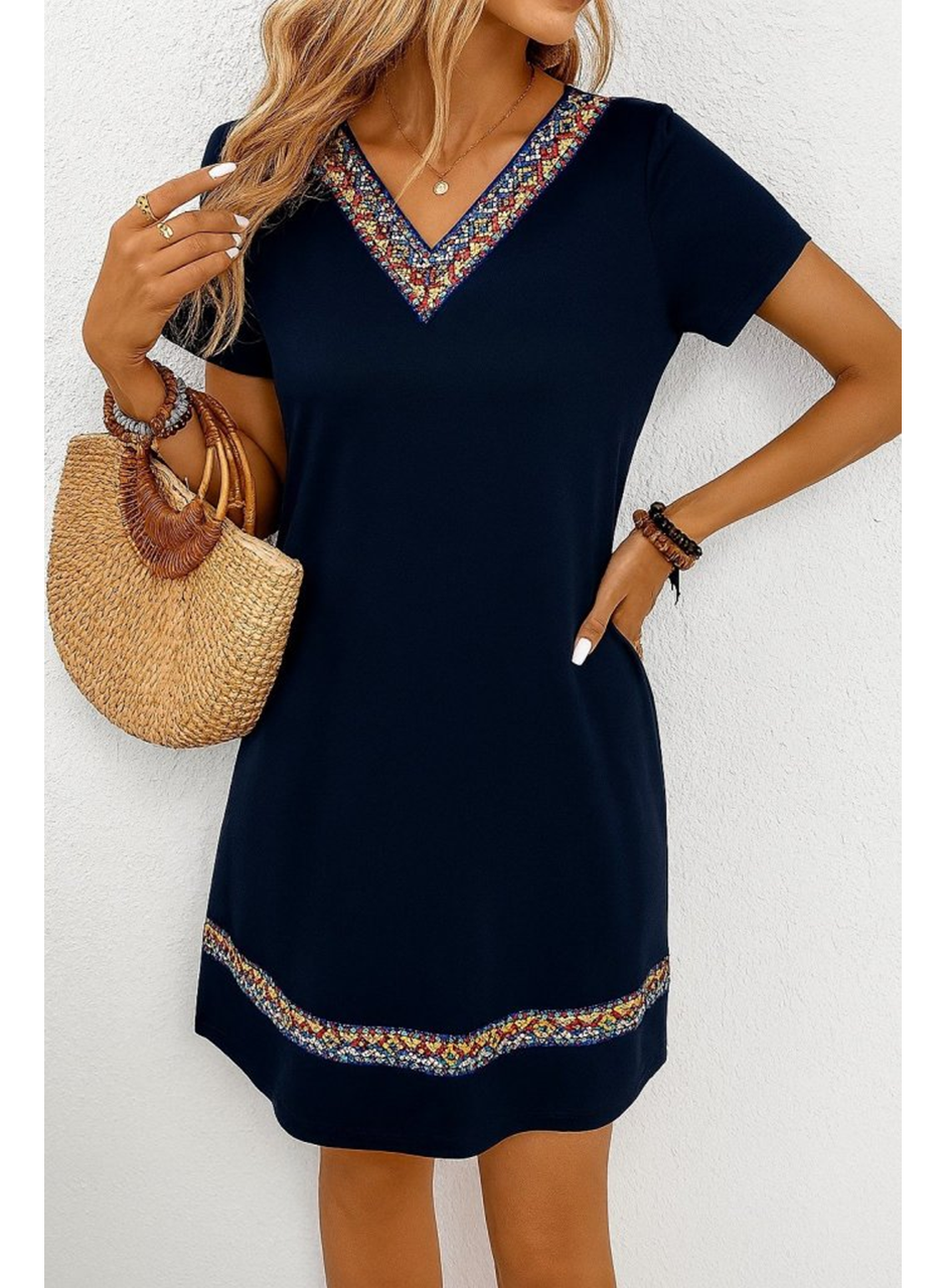 Kadın Kısa Kollu V Yakalı Etnik Desen şerit Detaylı Viskon Elbise
