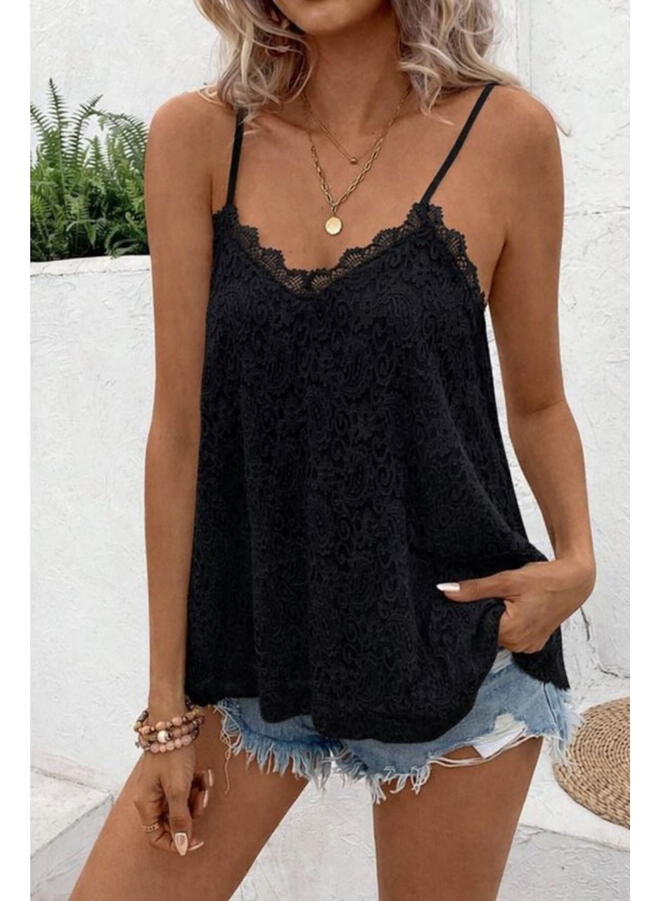 Kadın Ip Askılı V Dantel Yakalı Dantel Bluz