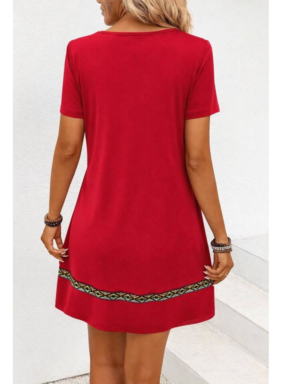 Kadın Kısa Kollu V Yakalı Etnik Desen şerit Detaylı Viskon Elbise