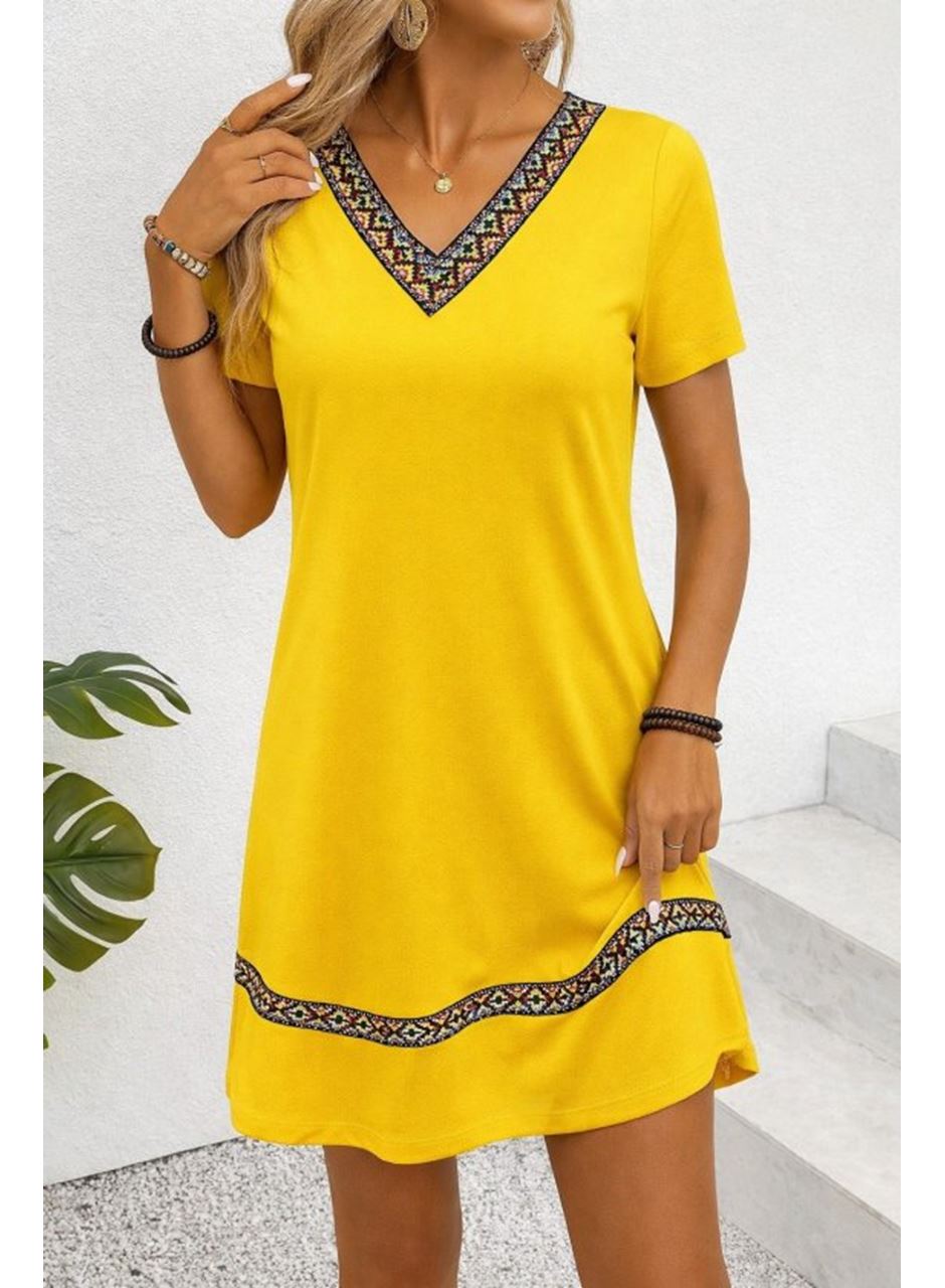 Kadın Kısa Kollu V Yakalı Etnik Desen şerit Detaylı Viskon Elbise