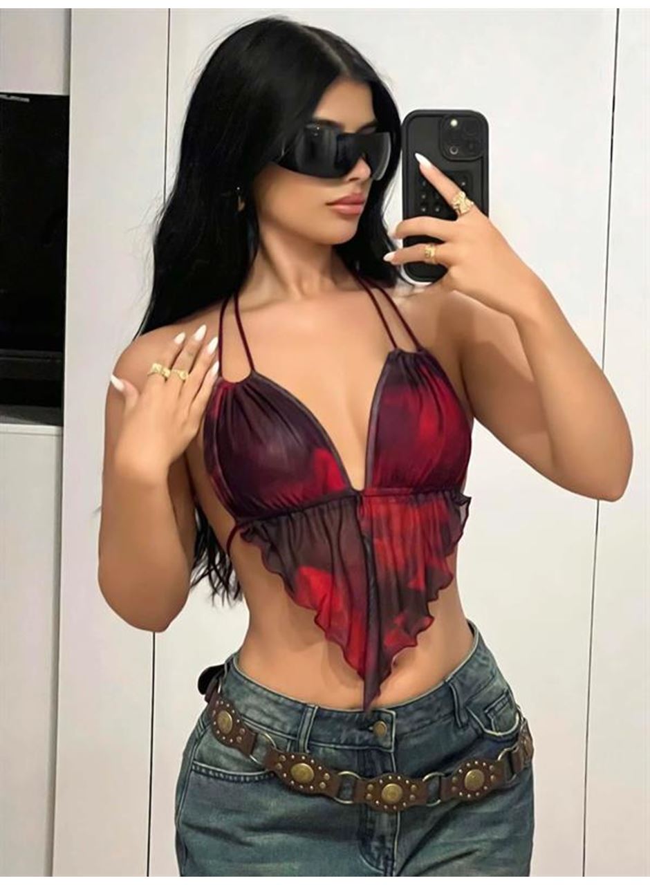 Kırmızı Siyah Desenli İnce Askılı Üçgen Kesim Crop