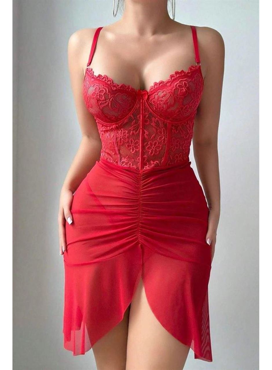 Özel Tasarım Kırmızı Dantel İşlemeli Korse Görünümlü Önden Büzgülü Fantezi Tül Gecelik