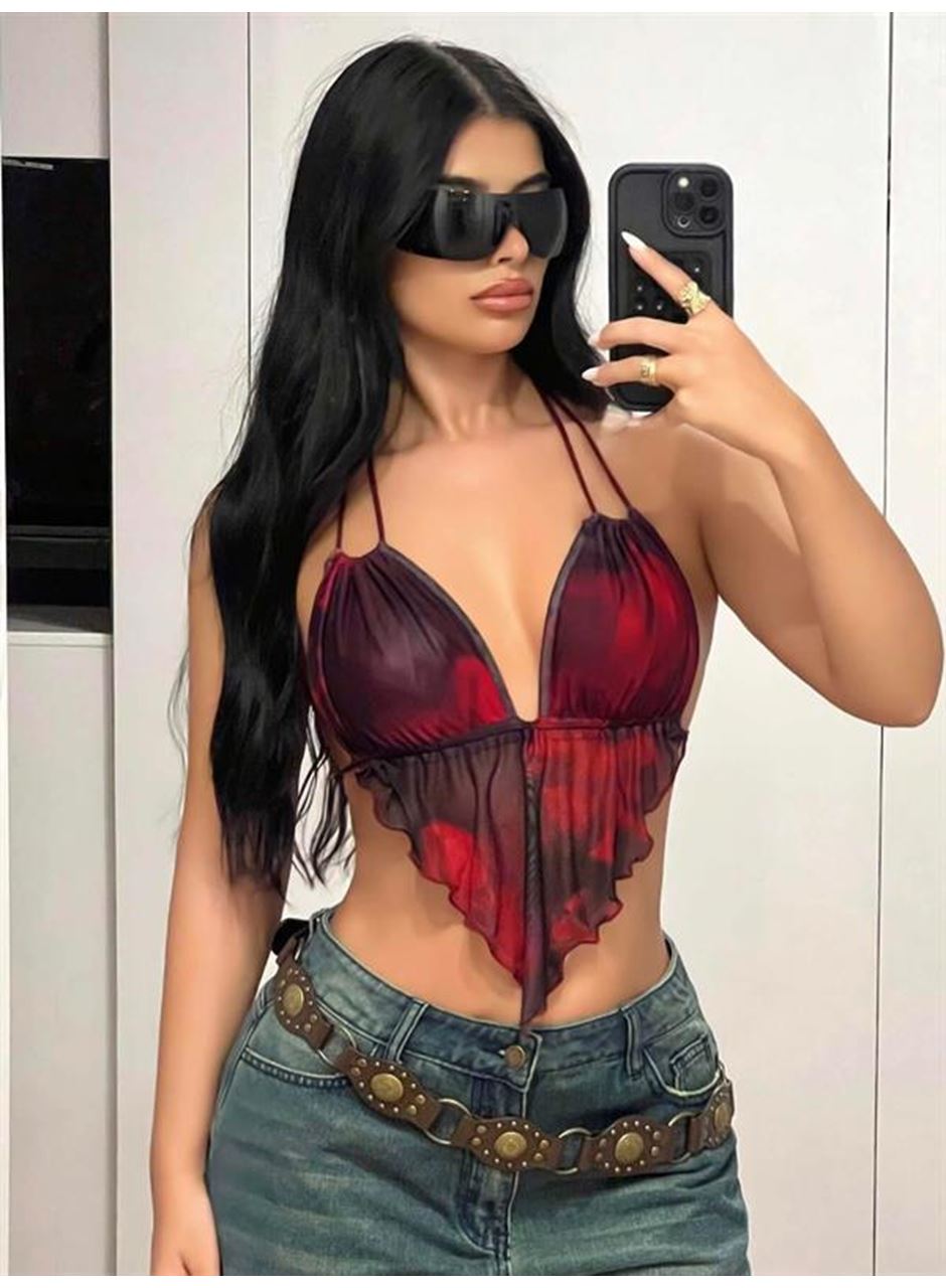 Kırmızı Siyah Desenli İnce Askılı Üçgen Kesim Crop