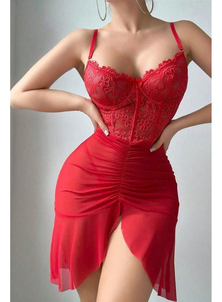 Özel Tasarım Kırmızı Dantel İşlemeli Korse Görünümlü Önden Büzgülü Fantezi Tül Gecelik