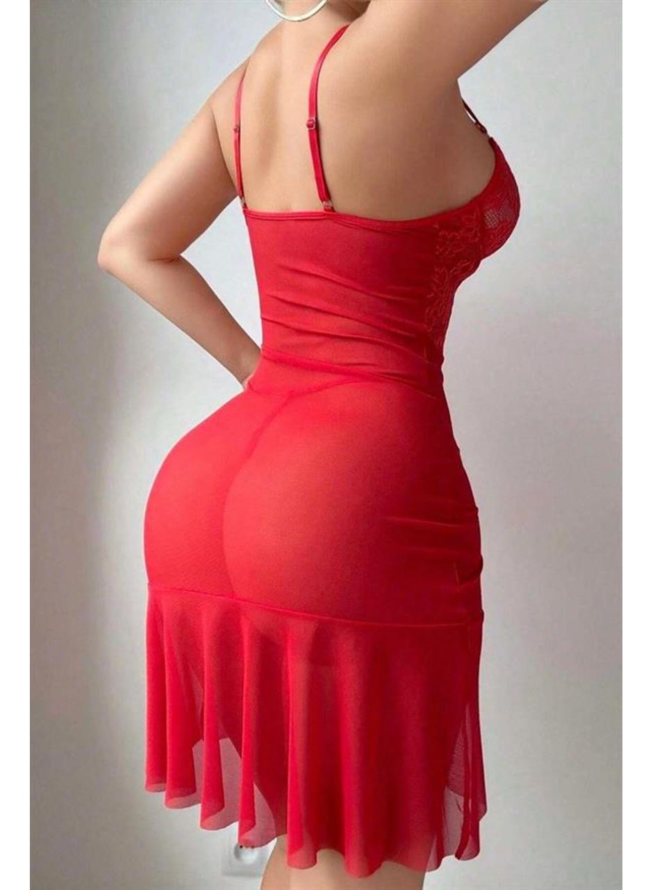 Özel Tasarım Kırmızı Dantel İşlemeli Korse Görünümlü Önden Büzgülü Fantezi Tül Gecelik