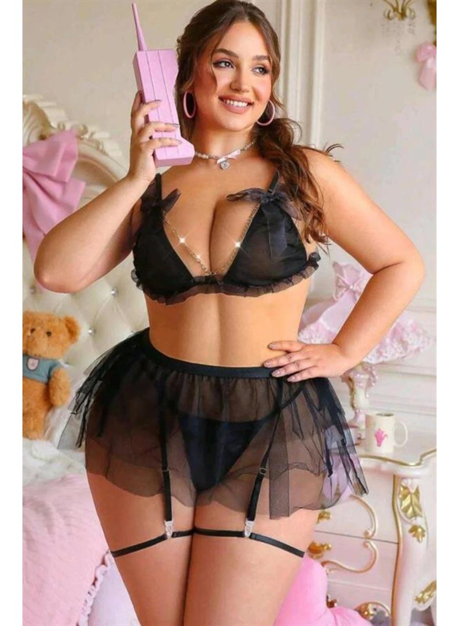 Transparan Siyah Zincir Detaylı Fantezi Tül Etekli Jartiyer Takımı