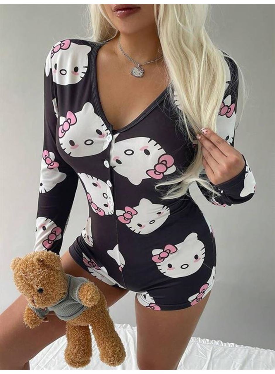 Pamuklu Siyah Hello Kitty Desenli Düğmeli Uzun Kol Tulum Pijama