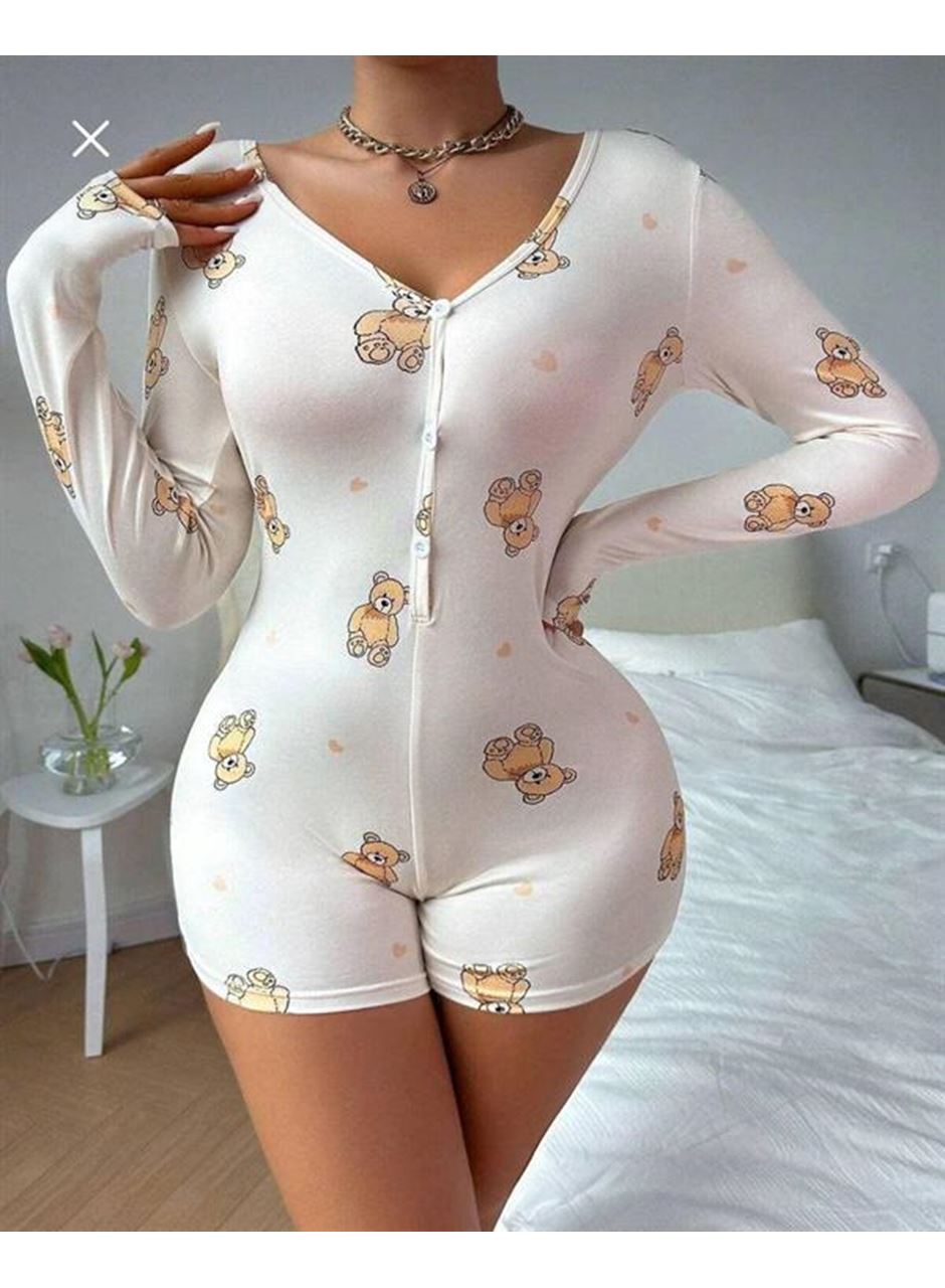 Pamuklu Beyaz Ayıcık Desenli Düğmeli Uzun Kol Tulum Pijama