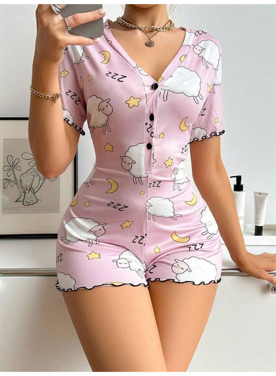 Pamuklu Pembe Kuzu Desenli Düğmeli Uzun Kol Tulum Pijama