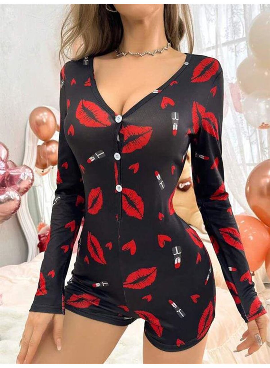 Pamuklu Kırmızı Ruj ve Öpücük Desenli Düğmeli Uzun Kol Tulum Pijama