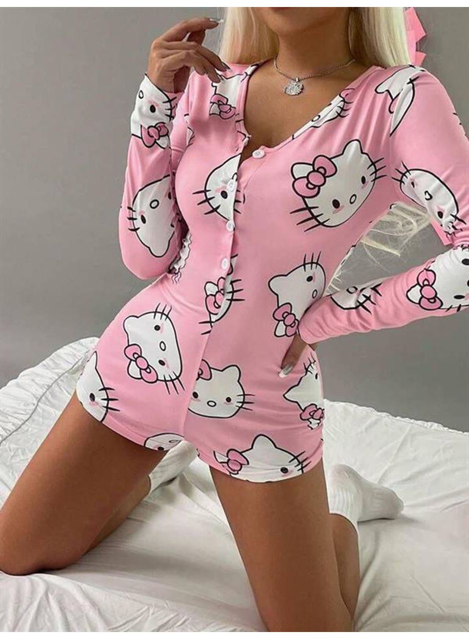 Pamuklu Pembe Hello Kitty Desenli Düğmeli Uzun Kol Tulum Pijama