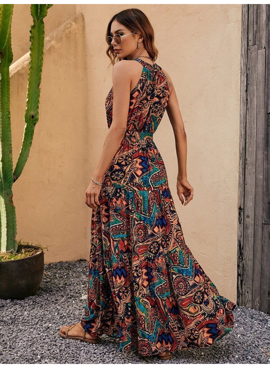 Kadın Kolsuz Halter Yaka Beli Lastikliotantik Desenli Mikro Kumaş Elbise