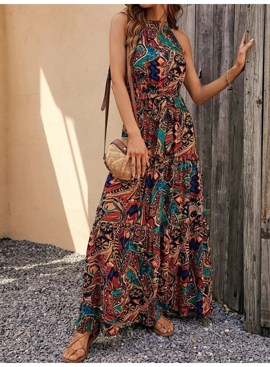 Kadın Kolsuz Halter Yaka Beli Lastikliotantik Desenli Mikro Kumaş Elbise