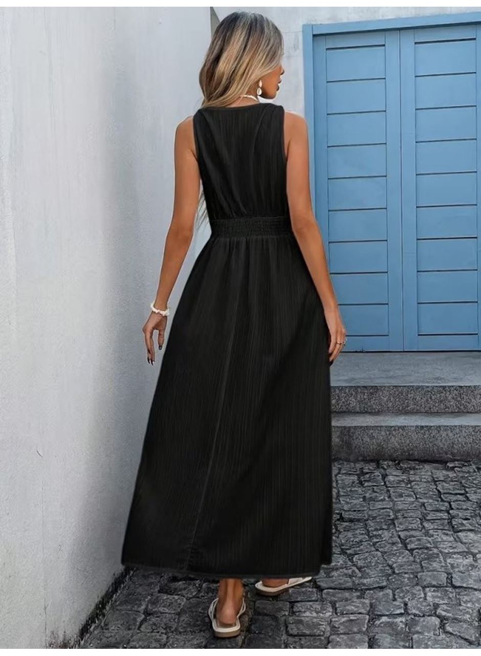 Kadın Askılı Kruvaze Yakalı Belden Dantelli Uzun Bürümcük Elbise