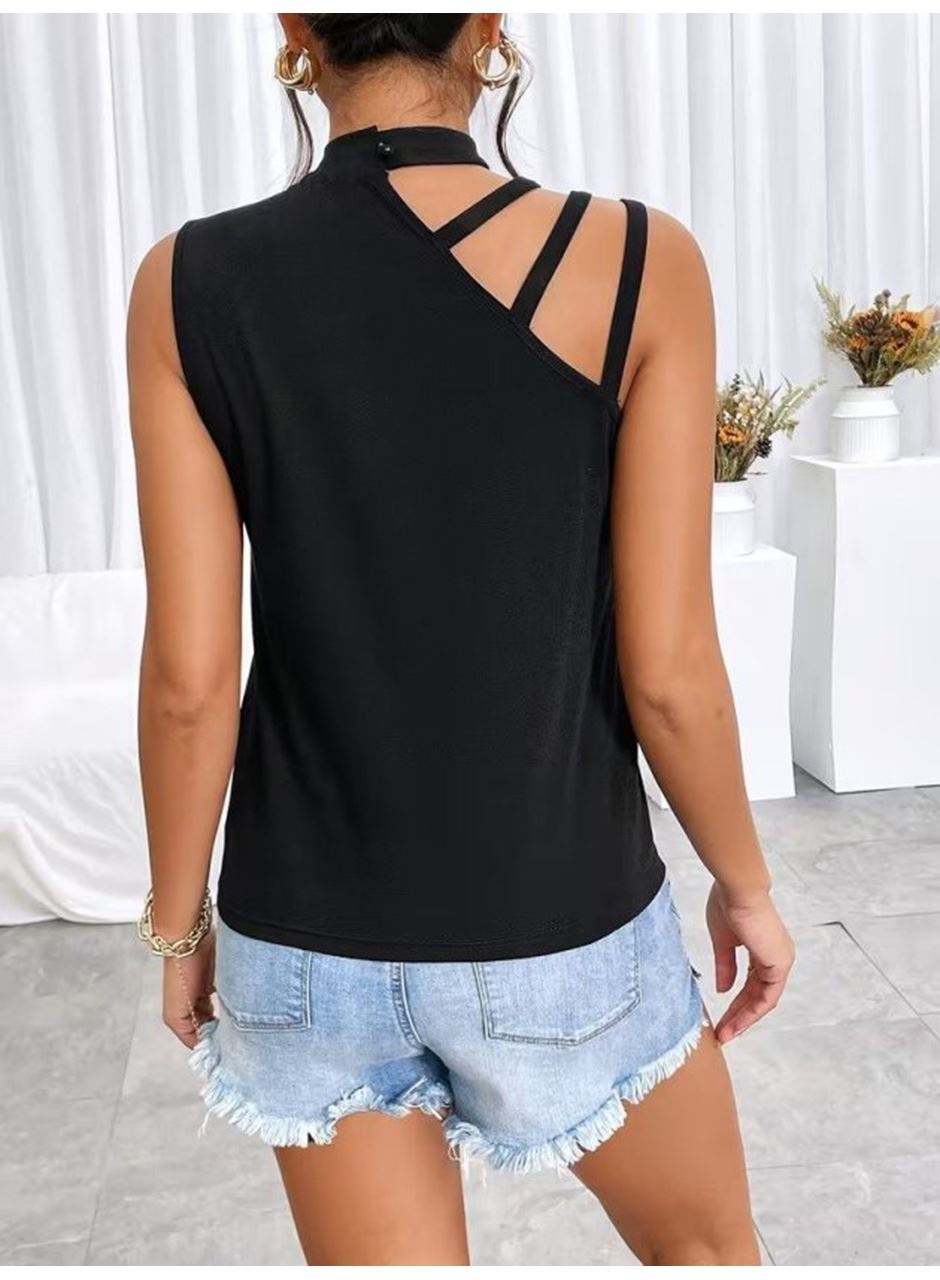 Kadın Omuzdan şerit Detaylı Yarı Balıkçı Yaka Viskon Bluz