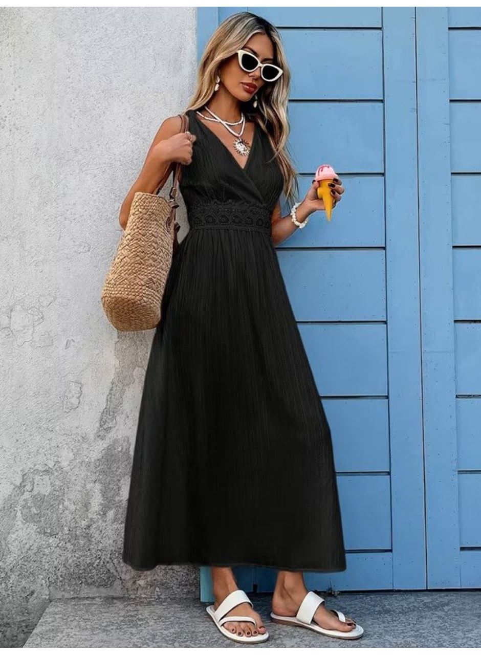 Kadın Askılı Kruvaze Yakalı Belden Dantelli Uzun Bürümcük Elbise