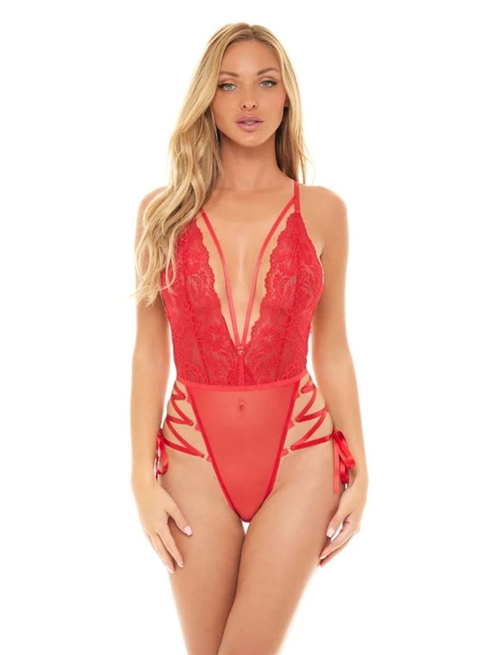 İp Detaylı Dantelli Kırmızı Transparan Fantezi Body