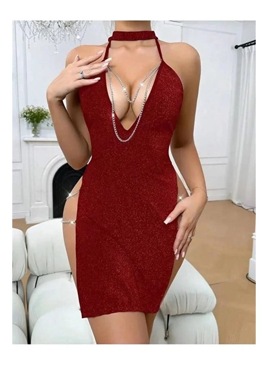 Kırmızı Zincir Detaylı Transparan Fantezi Elbise