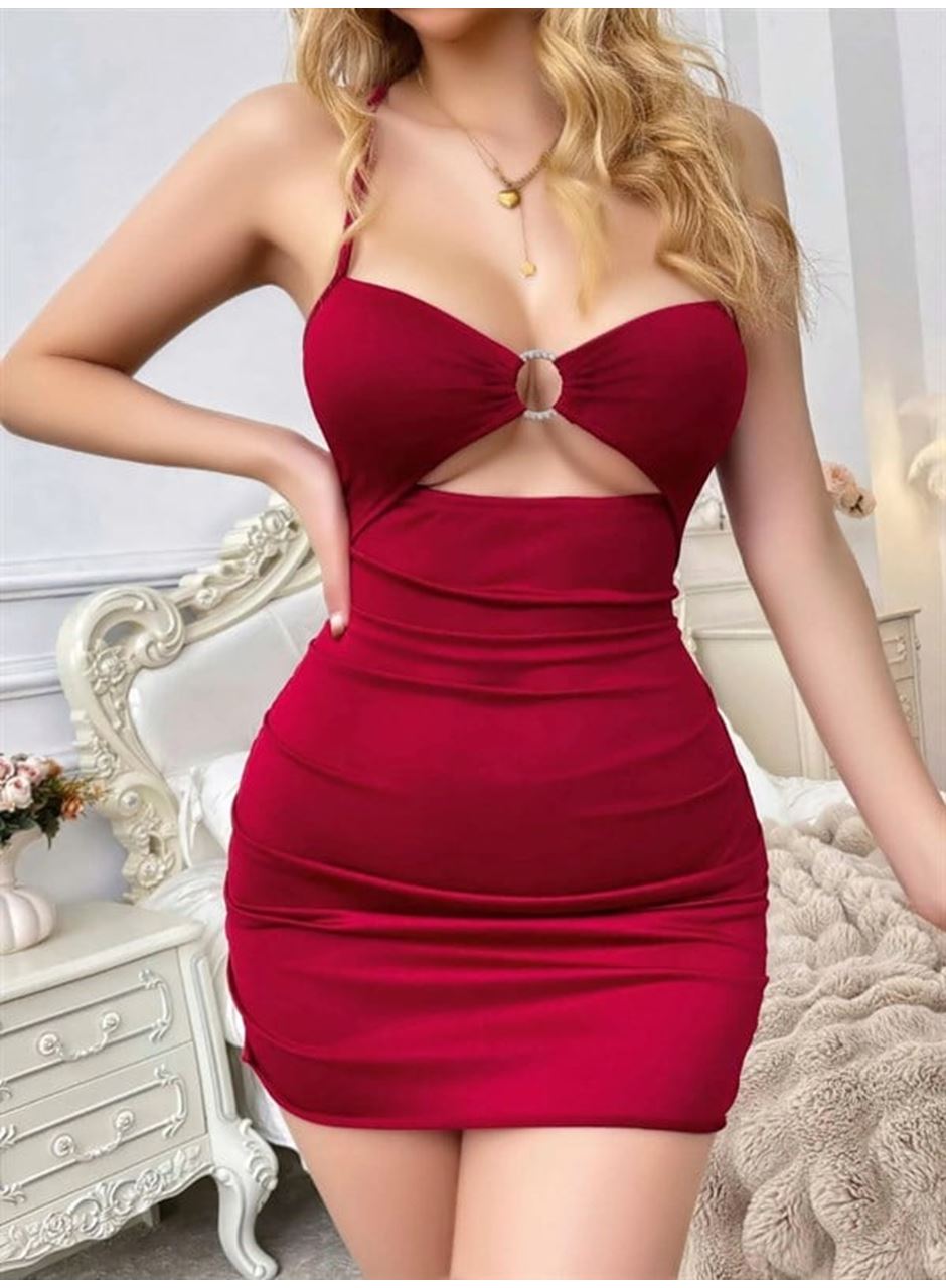 Bordo Aksesuar Detaylı Boyundan Bağlamalı Fantezi Elbise