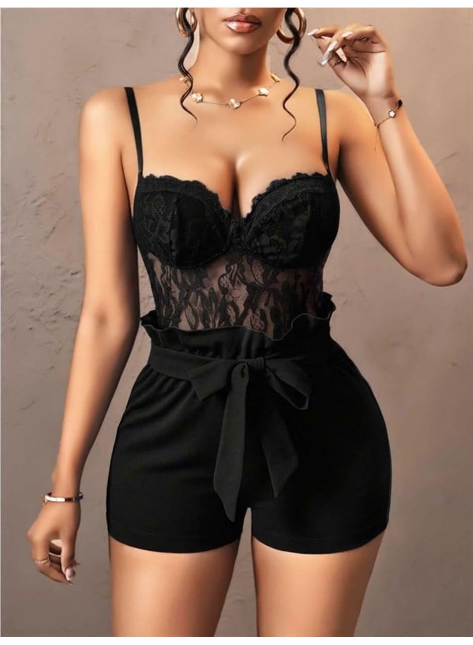 Siyah Kuşak ve Dantel Detaylı Fantezi Elbise