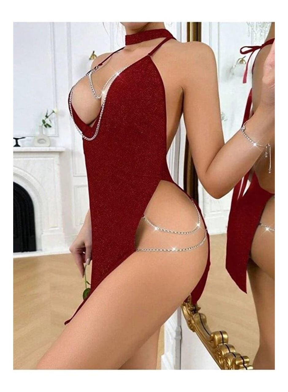 Kırmızı Zincir Detaylı Transparan Fantezi Elbise