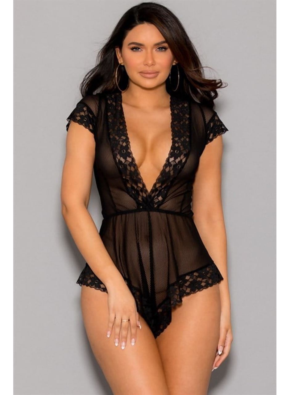 Özel Tasarım Dekolteli Siyah Dantel İşlemeli Transparan Fantezi Body