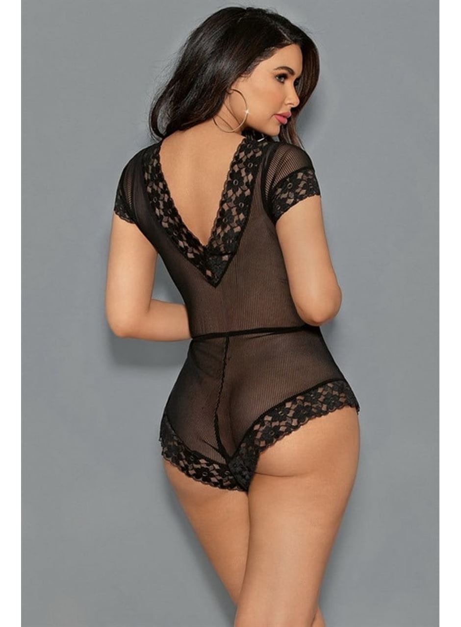 Özel Tasarım Dekolteli Siyah Dantel İşlemeli Transparan Fantezi Body