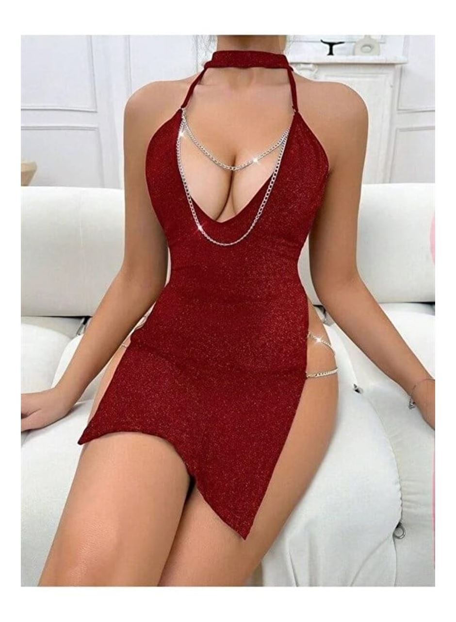 Kırmızı Zincir Detaylı Transparan Fantezi Elbise