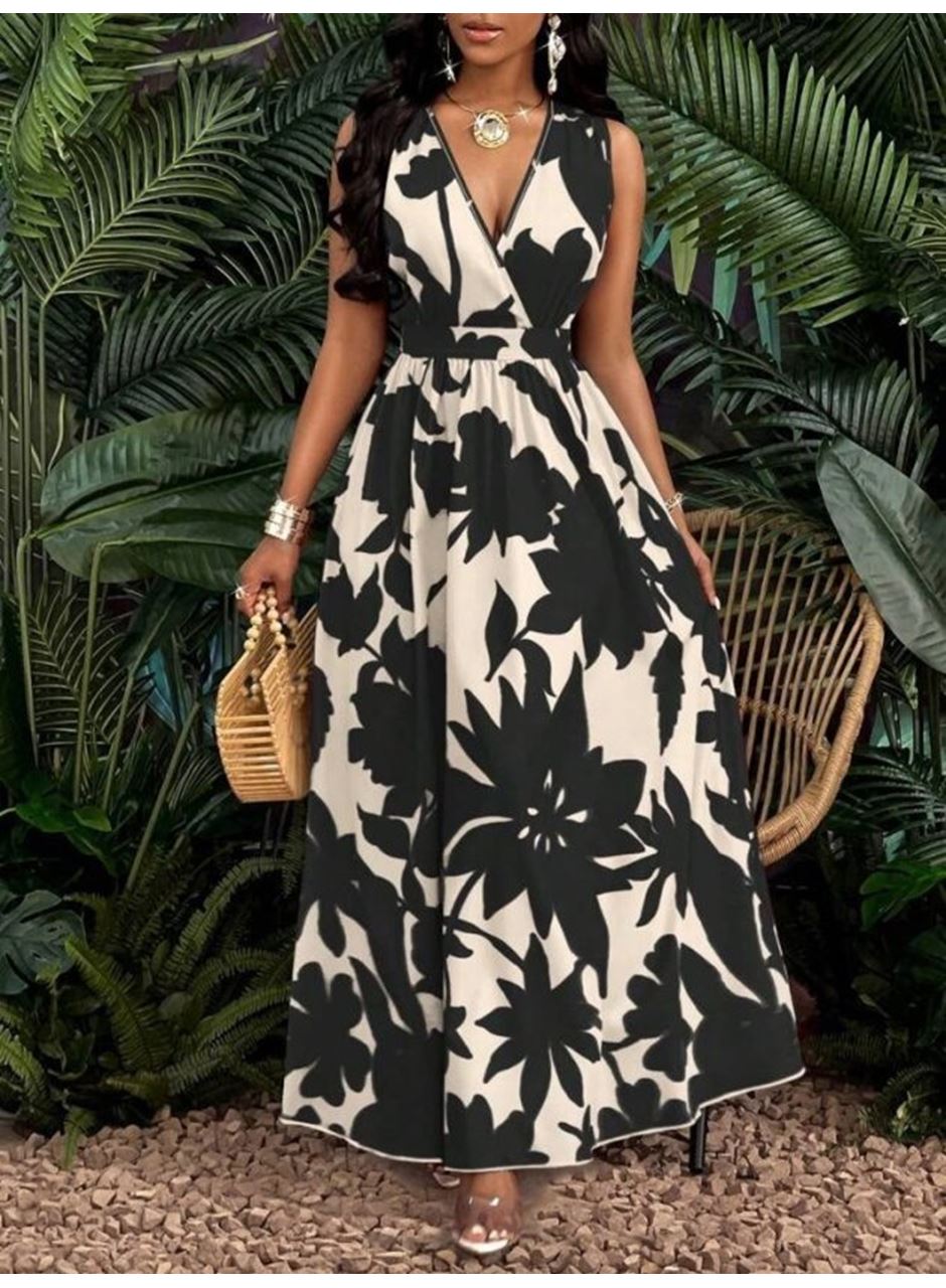 Kadın Askılı Kruvaze Yakalı çiçek Desenli Uzun Süprem Elbise