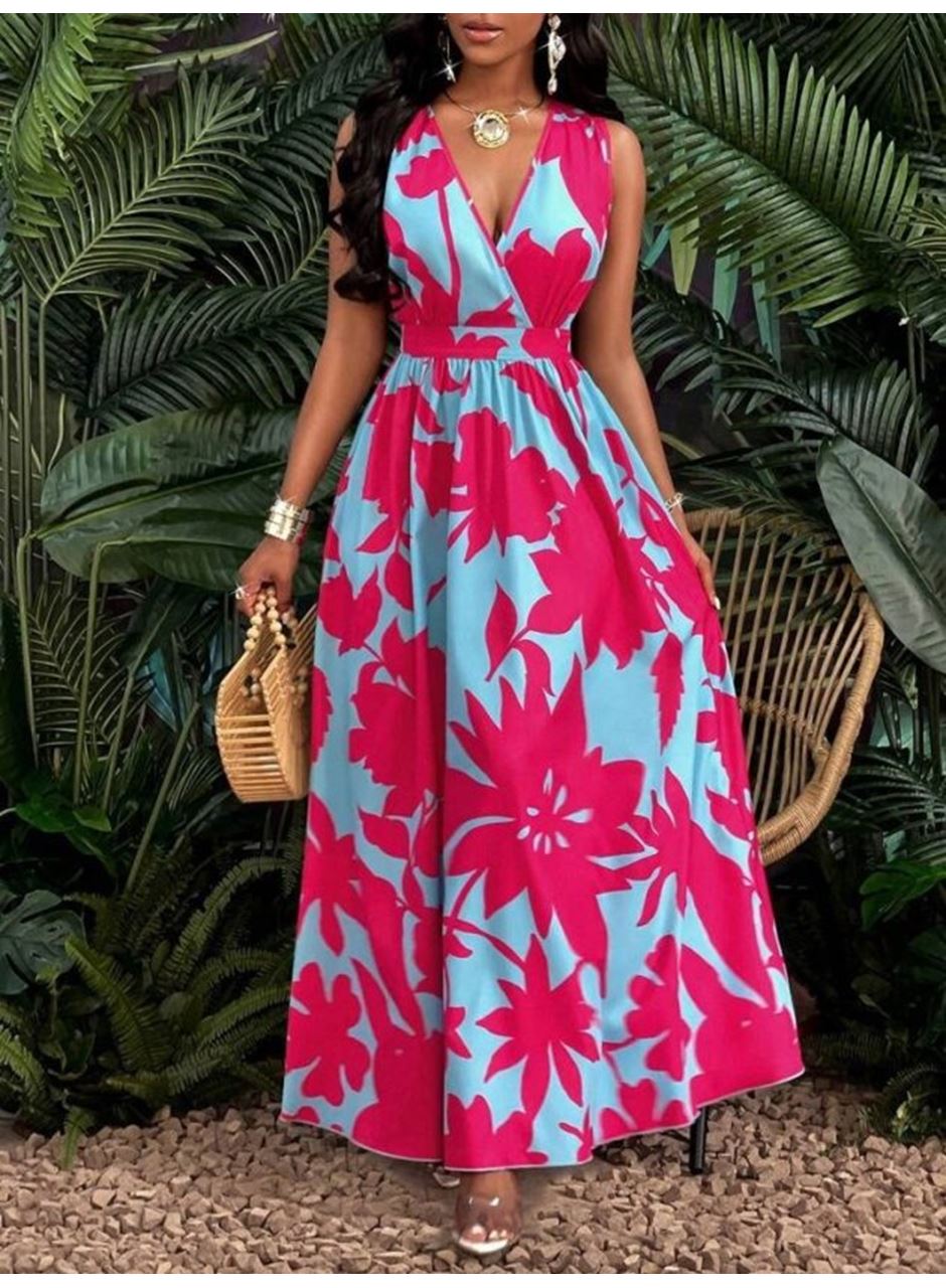 Kadın Askılı Kruvaze Yakalı çiçek Desenli Uzun Süprem Elbise