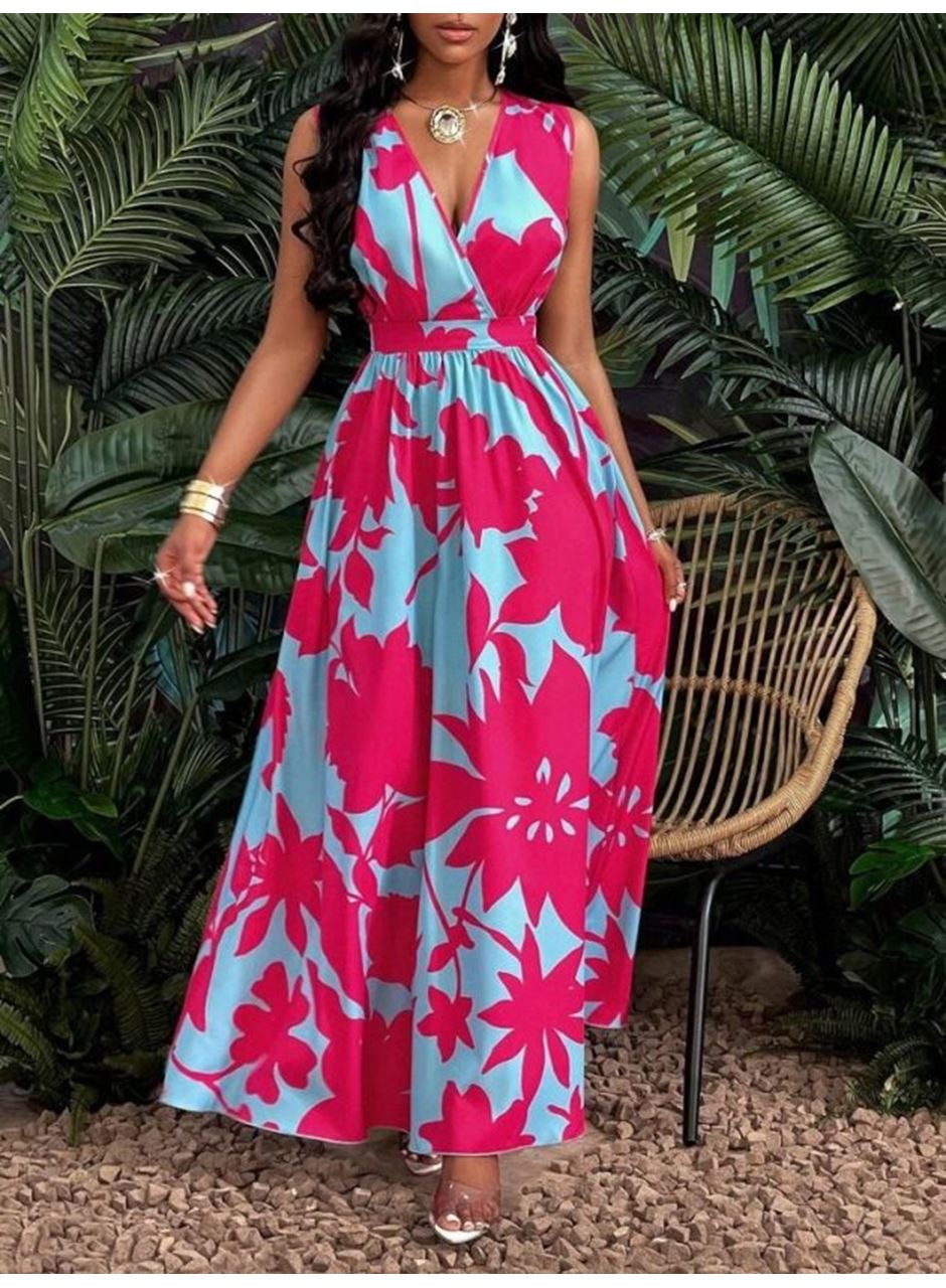 Kadın Askılı Kruvaze Yakalı çiçek Desenli Uzun Süprem Elbise