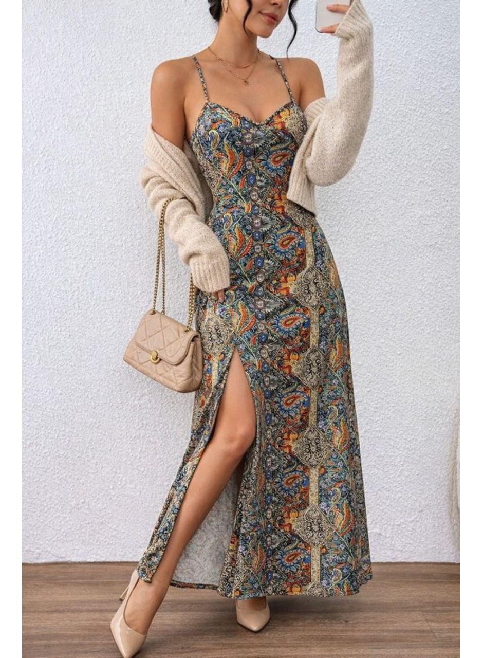 Kadın Ip Askılı Arkadan çapraz Kesim Detaylı Uzun Desenli Süprem Elbise