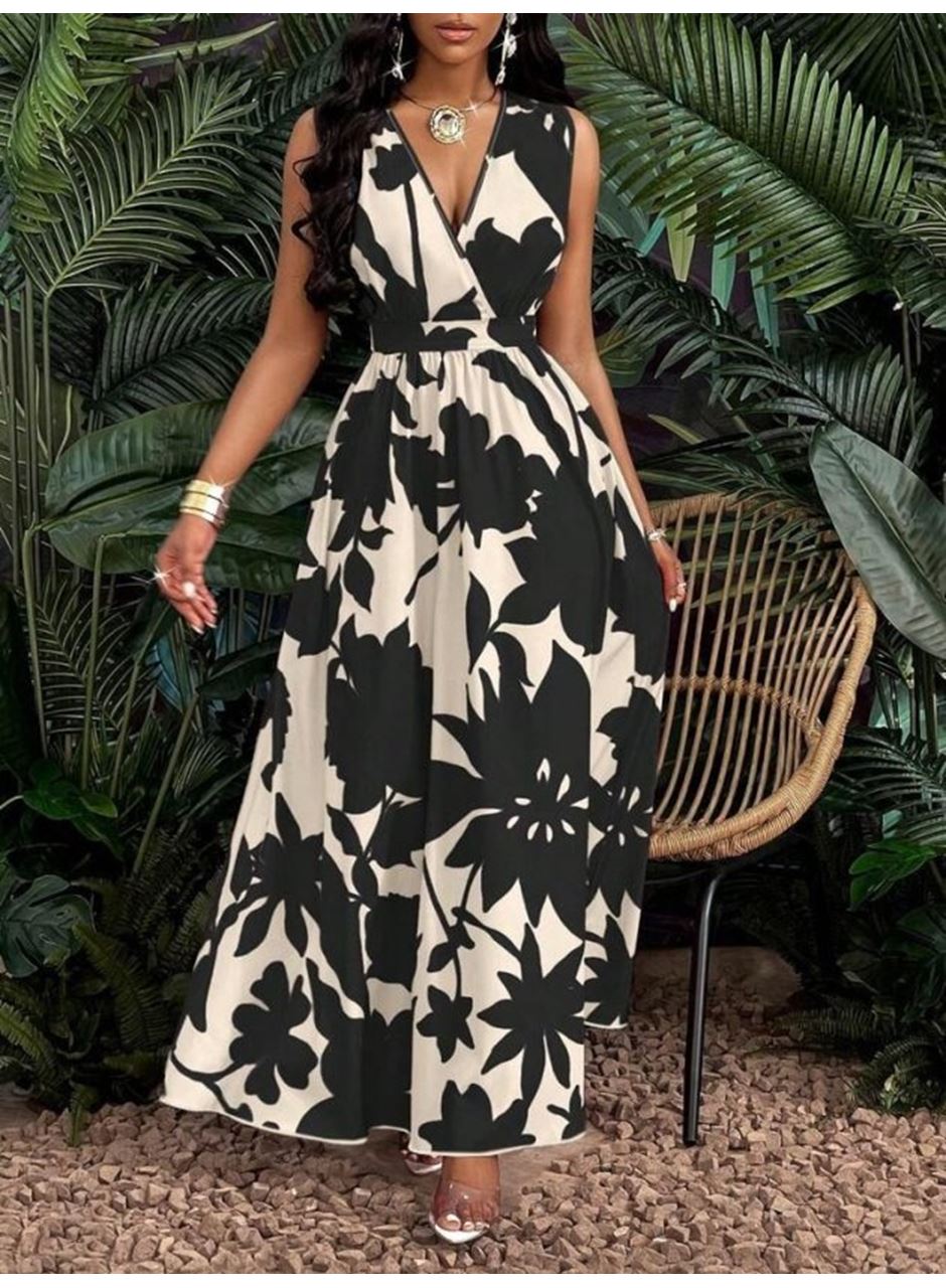 Kadın Askılı Kruvaze Yakalı çiçek Desenli Uzun Süprem Elbise