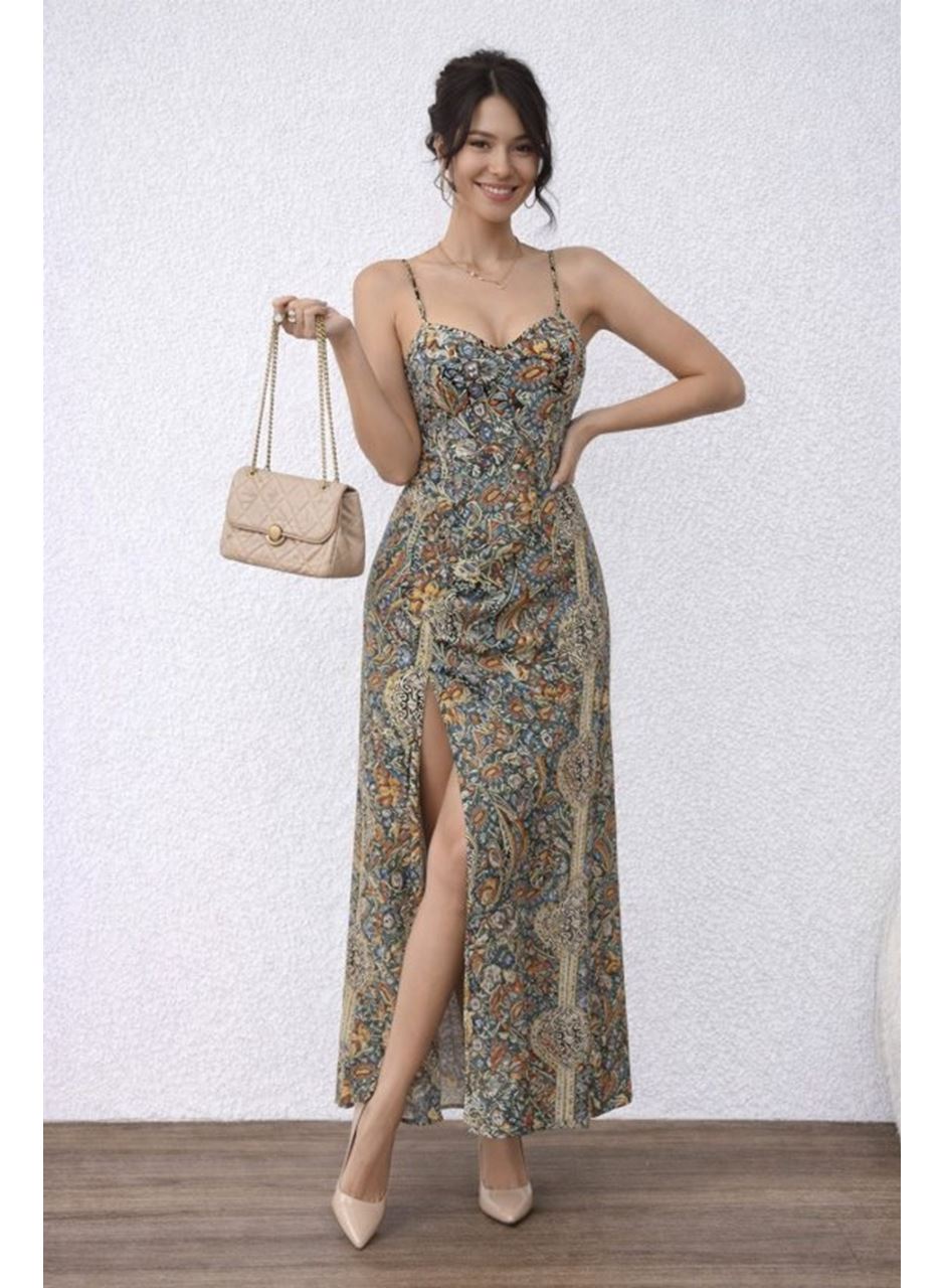 Kadın Ip Askılı Arkadan çapraz Kesim Detaylı Uzun Desenli Süprem Elbise