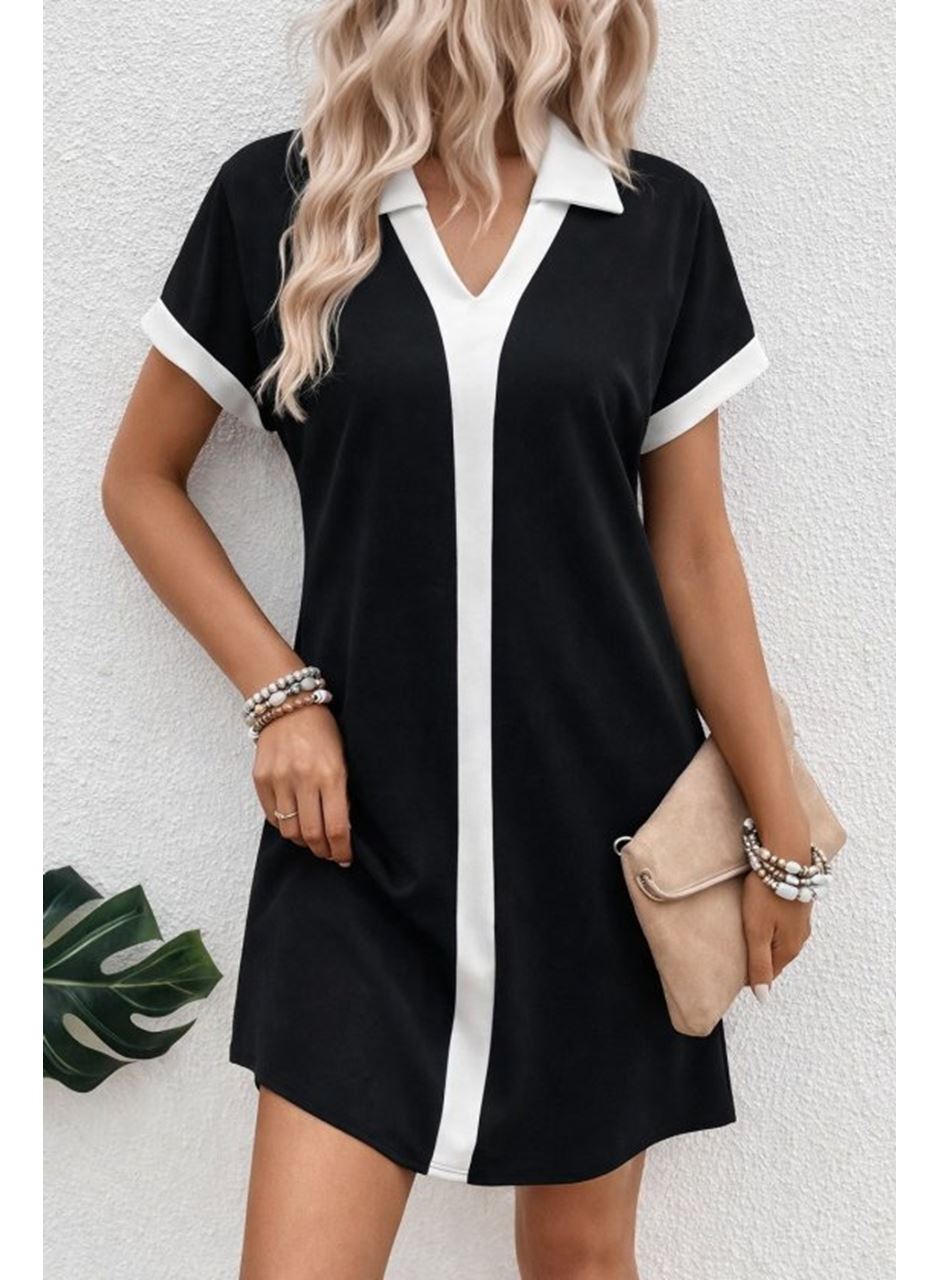 Kadın Kısa Kollu V Yakalı Onden şerit Detaylı Yakalı Kısa Janjan Krep Elbise