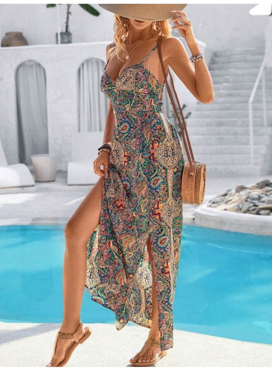 Kadın Ip Askılı Arkadan çapraz Kesim Detaylı Uzun Desenli Süprem Elbise