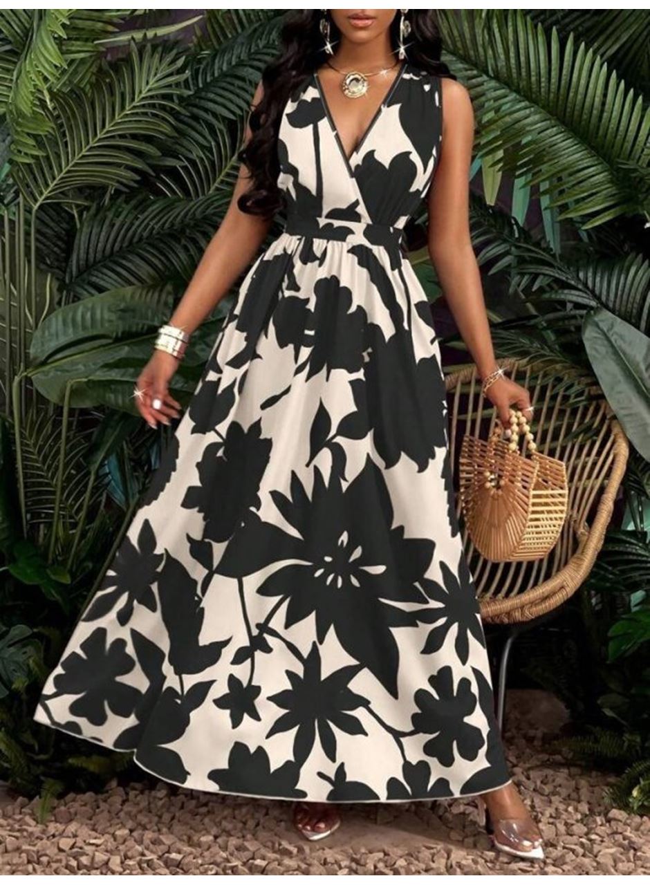 Kadın Askılı Kruvaze Yakalı çiçek Desenli Uzun Süprem Elbise