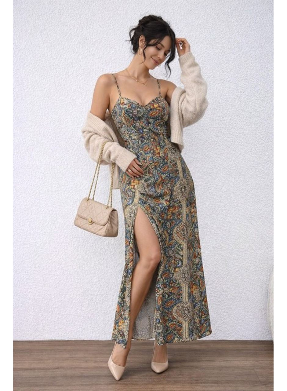 Kadın Ip Askılı Arkadan çapraz Kesim Detaylı Uzun Desenli Süprem Elbise