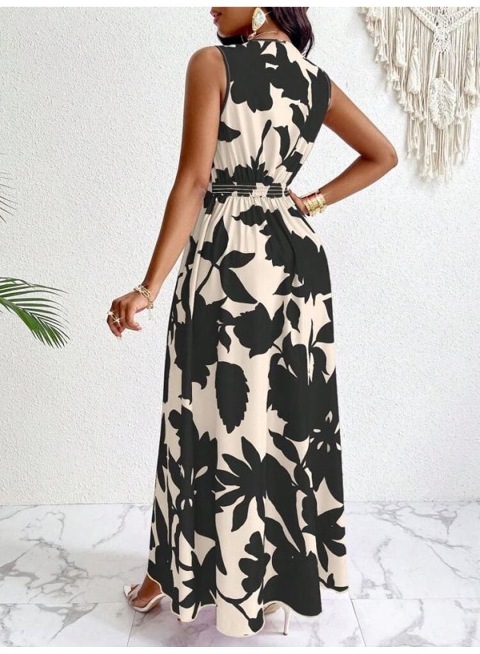 Kadın Askılı Kruvaze Yakalı çiçek Desenli Uzun Süprem Elbise