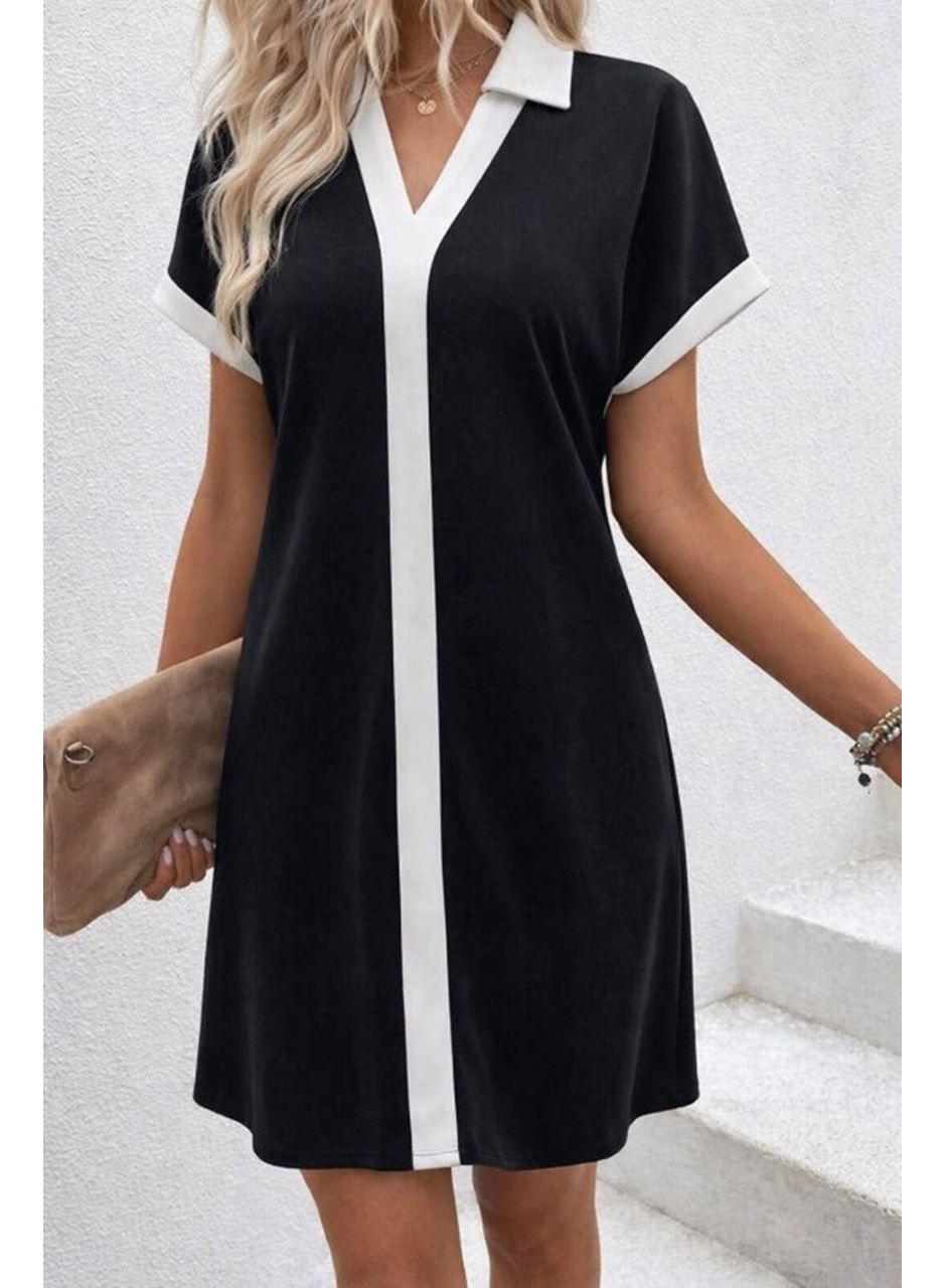 Kadın Kısa Kollu V Yakalı Onden şerit Detaylı Yakalı Kısa Janjan Krep Elbise