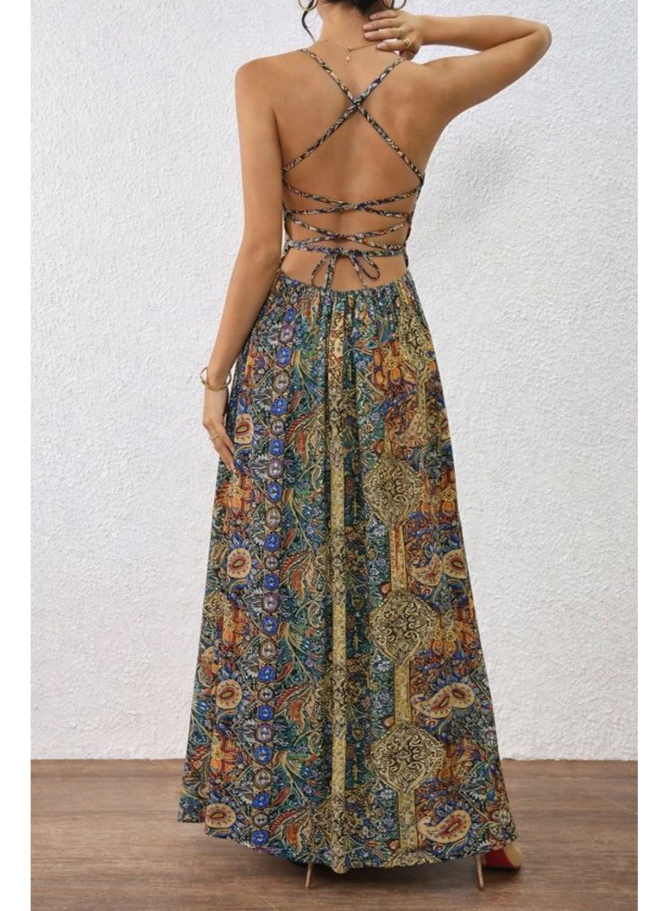 Kadın Ip Askılı Arkadan çapraz Kesim Detaylı Uzun Desenli Süprem Elbise