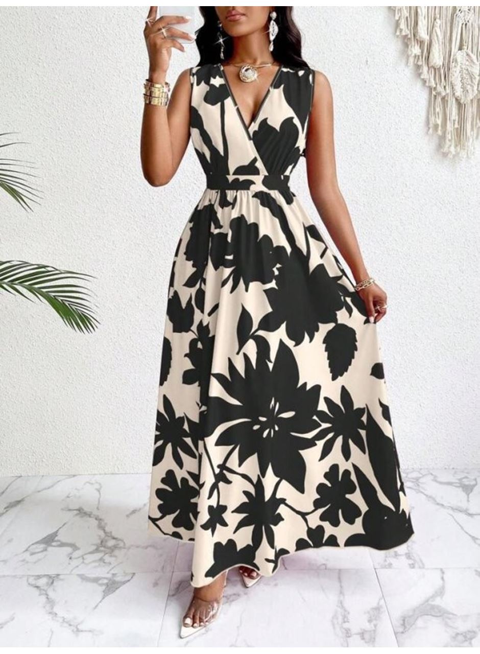 Kadın Askılı Kruvaze Yakalı çiçek Desenli Uzun Süprem Elbise