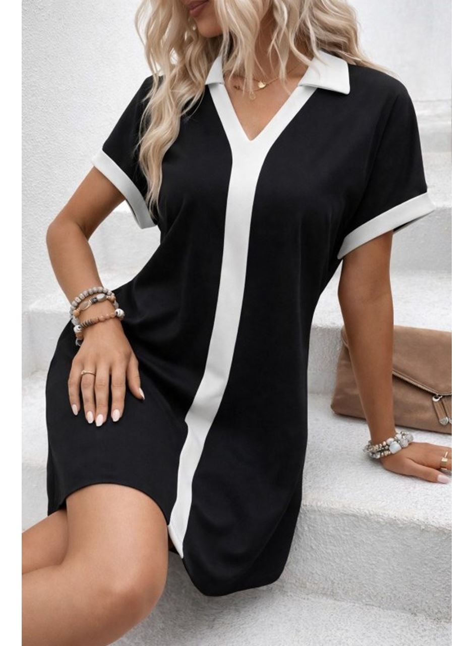 Kadın Kısa Kollu V Yakalı Onden şerit Detaylı Yakalı Kısa Janjan Krep Elbise