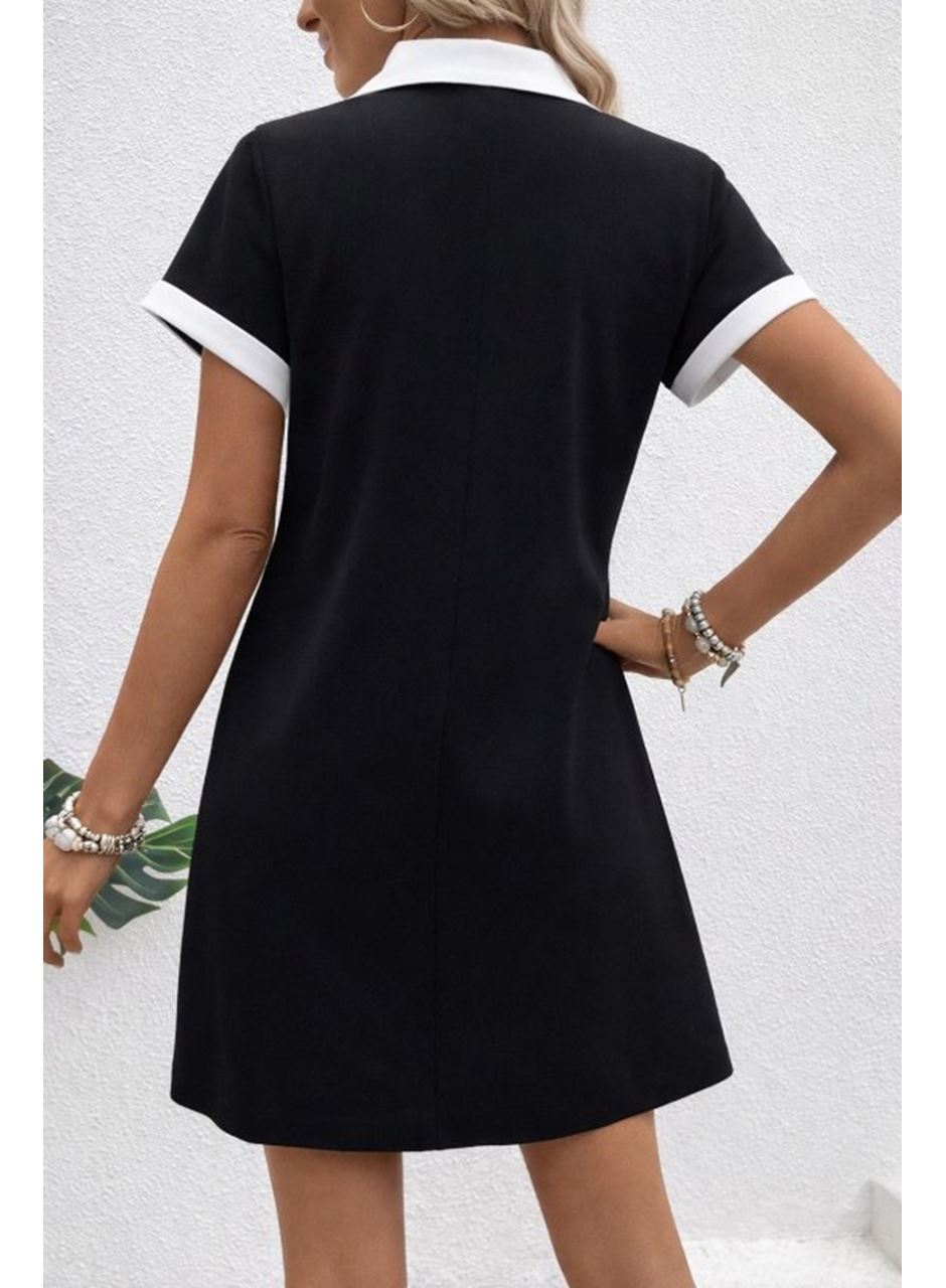 Kadın Kısa Kollu V Yakalı Onden şerit Detaylı Yakalı Kısa Janjan Krep Elbise