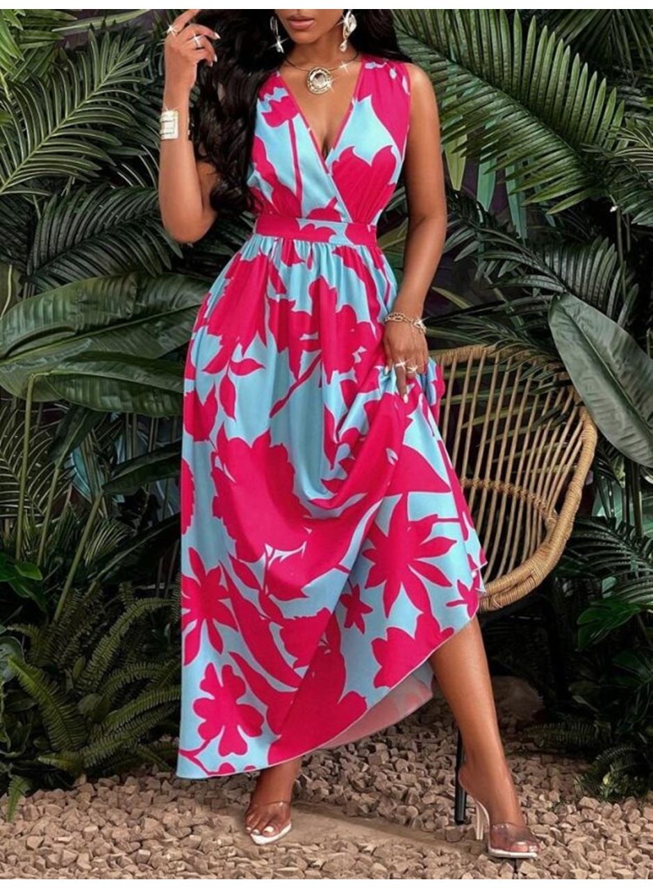 Kadın Askılı Kruvaze Yakalı çiçek Desenli Uzun Süprem Elbise