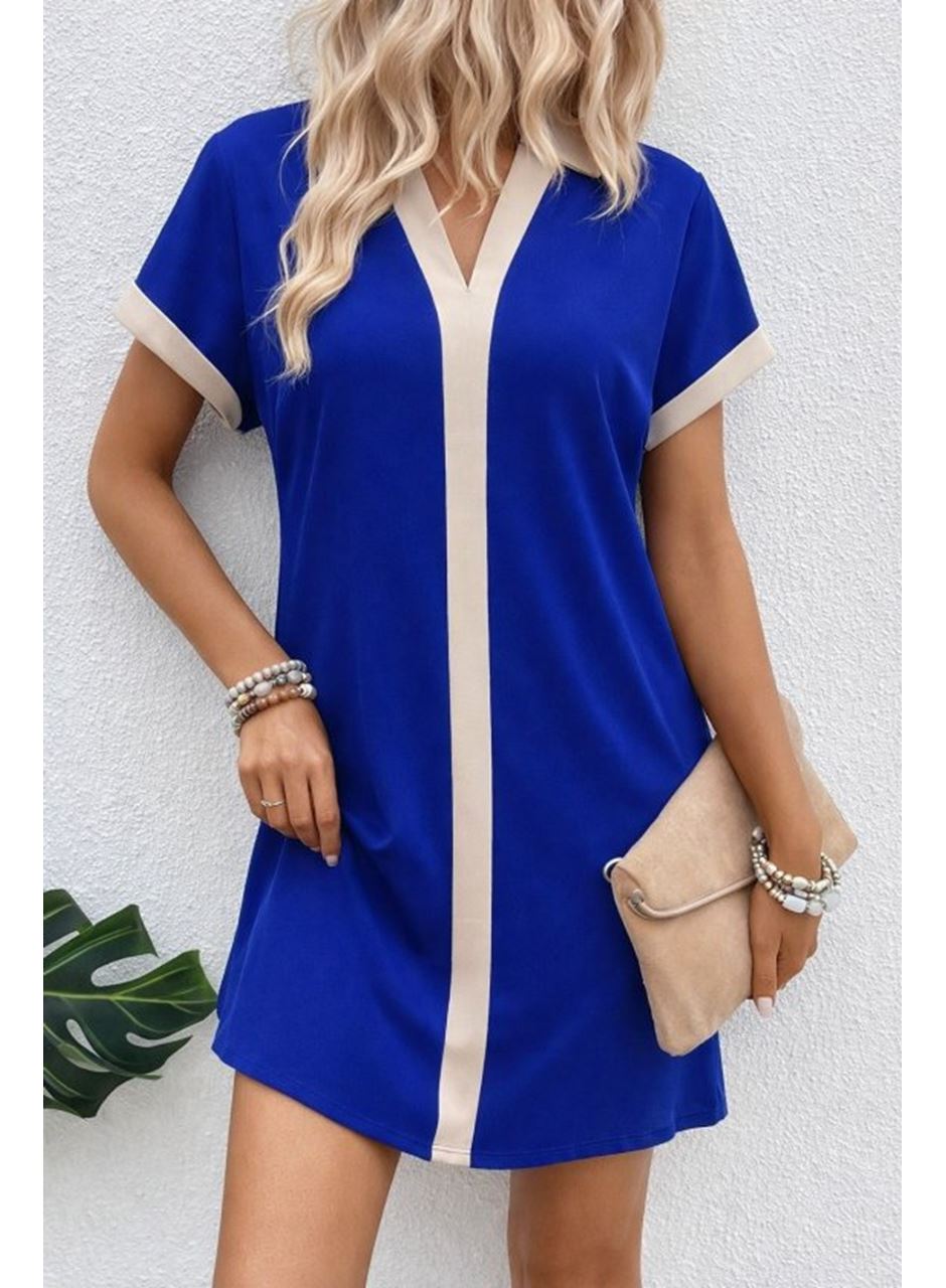 Kadın Kısa Kollu V Yakalı Onden şerit Detaylı Yakalı Kısa Janjan Krep Elbise