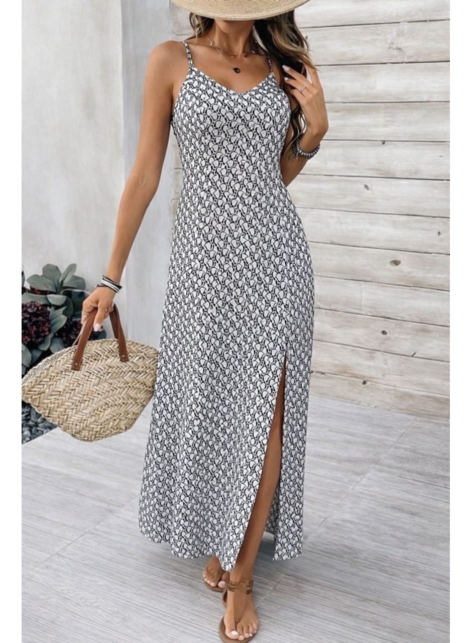 Kadın Ip Askılı V Yakalı Yırtmaçlı Uzun Süprem Elbise