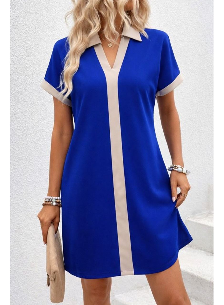 Kadın Kısa Kollu V Yakalı Onden şerit Detaylı Yakalı Kısa Janjan Krep Elbise
