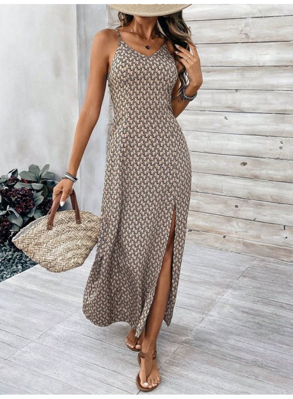 Kadın Ip Askılı V Yakalı Yırtmaçlı Uzun Süprem Elbise